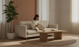 A quiet living room decorated in Japanese style with a woman reading on a linen sofa